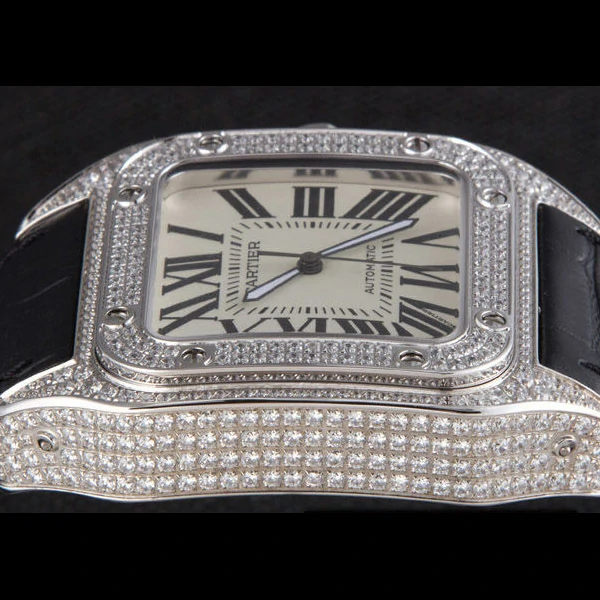 Cartier Santos Silver Bezel with Diamonds and Black Leather Strap new59624