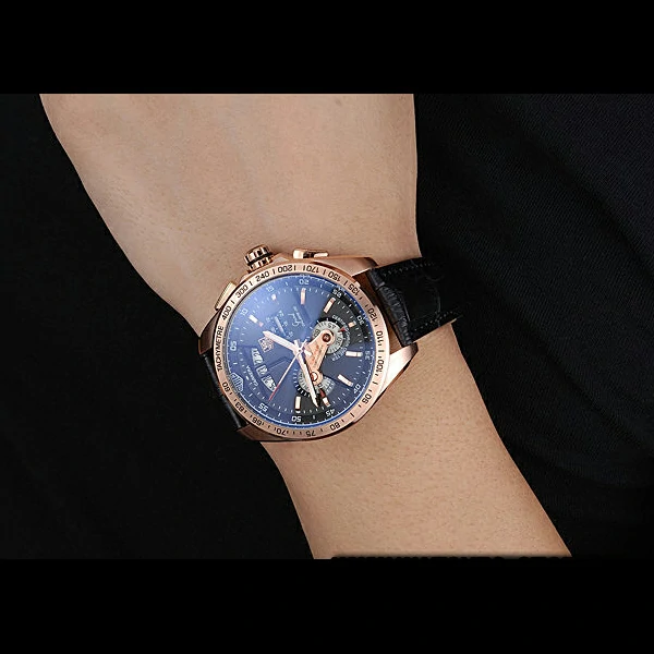 Tag Heuer Carrera Rose Gold Bezel with Black Dial and Black Leather Strap new59628