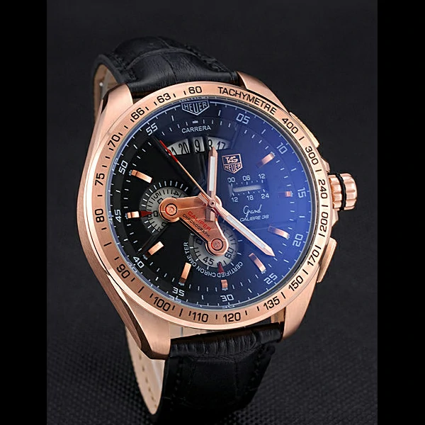 Tag Heuer Carrera Rose Gold Bezel with Black Dial and Black Leather Strap new59628