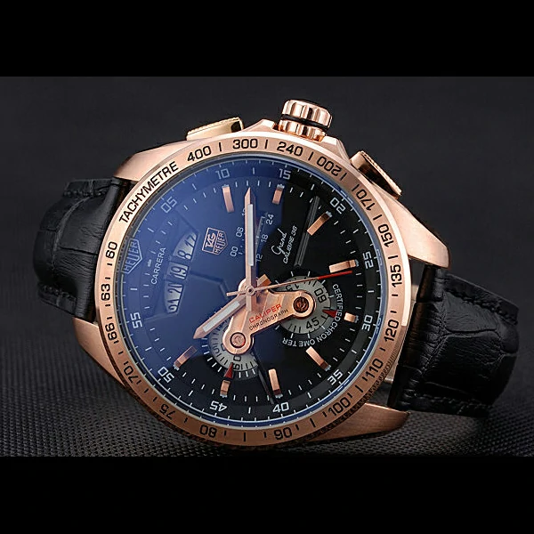 Tag Heuer Carrera Rose Gold Bezel with Black Dial and Black Leather Strap new59628
