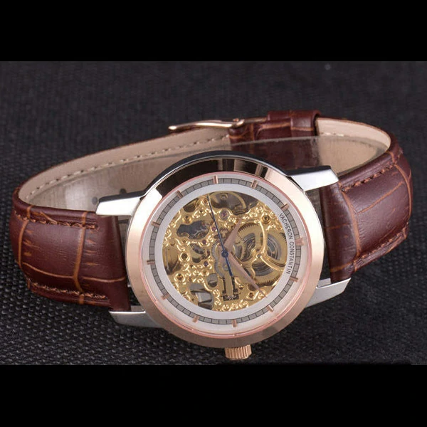 Vacheron Constantin White Skeleton Watch with Rose Gold Bezel and Brown Leather Strap new59629