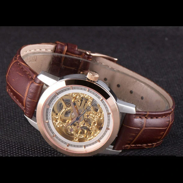 Vacheron Constantin White Skeleton Watch with Rose Gold Bezel and Brown Leather Strap new59629