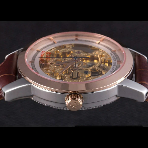 Vacheron Constantin White Skeleton Watch with Rose Gold Bezel and Brown Leather Strap new59629