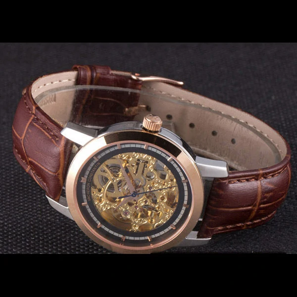 Vacheron Constantin Black Skeleton Watch with Rose Gold Bezel and Brown Leather Strap new59630