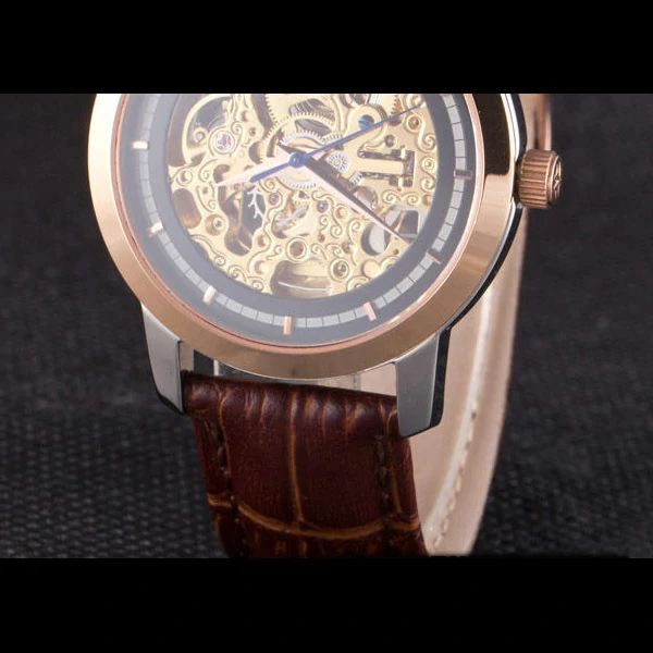 Vacheron Constantin Black Skeleton Watch with Rose Gold Bezel and Brown Leather Strap new59630
