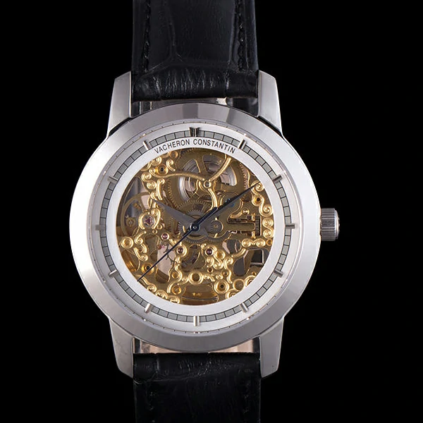 Vacheron Constantin White Skeleton Watch with Rose Silver Bezel and Black Leather Strap new59631
