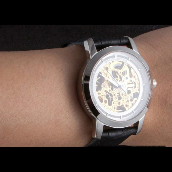 Vacheron Constantin White Skeleton Watch with Rose Silver Bezel and Black Leather Strap new59631