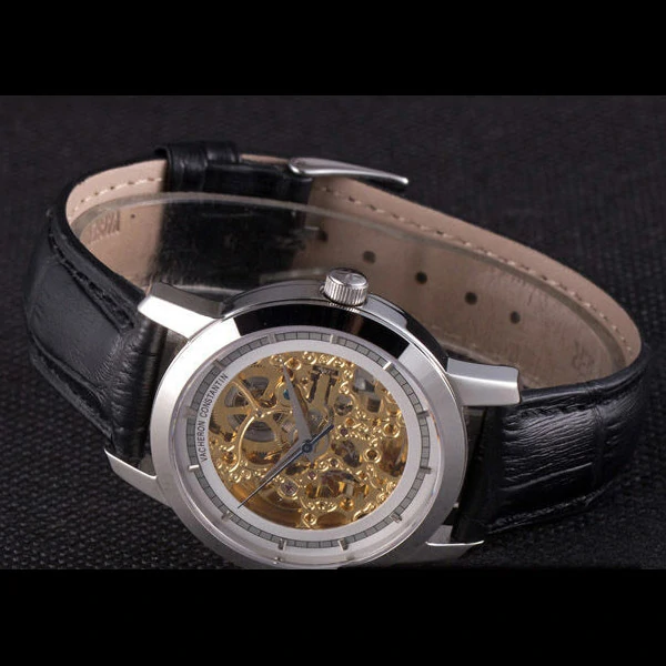 Vacheron Constantin White Skeleton Watch with Rose Silver Bezel and Black Leather Strap new59631