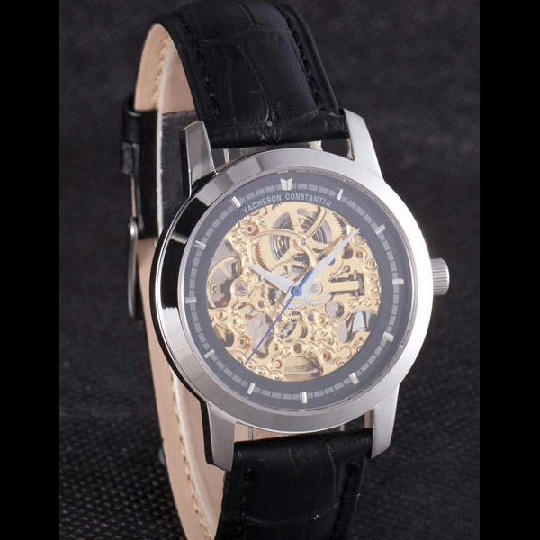 Vacheron Constantin Black Skeleton Watch With Silver Bezel and Black Leather Strap new59632