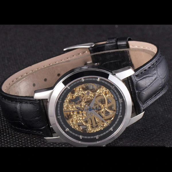 Vacheron Constantin Black Skeleton Watch With Silver Bezel and Black Leather Strap new59632