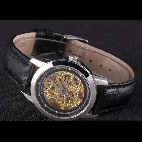 Vacheron Constantin Black Skeleton Watch With Silver Bezel and Black Leather Strap new59632