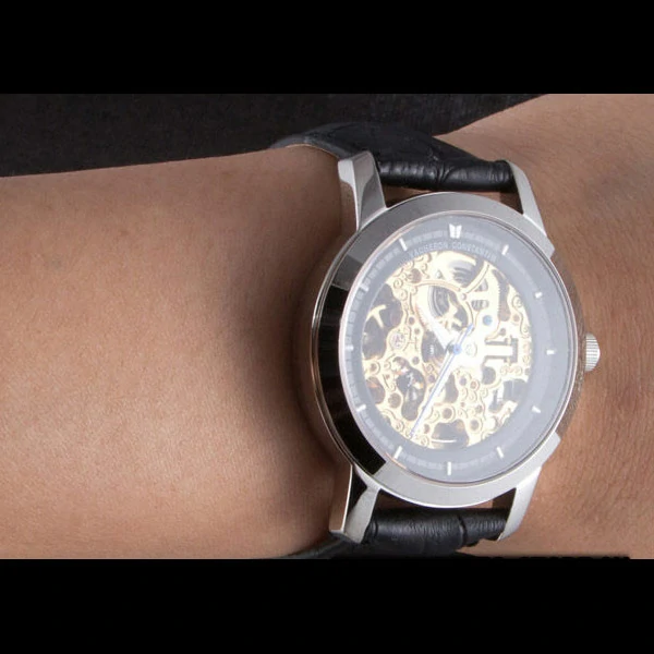 Vacheron Constantin Black Skeleton Watch With Silver Bezel and Black Leather Strap new59632