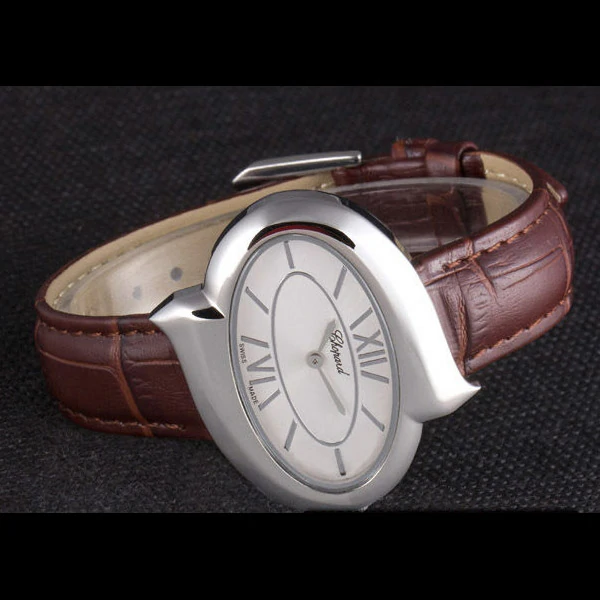 Chopard Luxury Silver Bezel with White Dial and Brown Leather Strap new59636