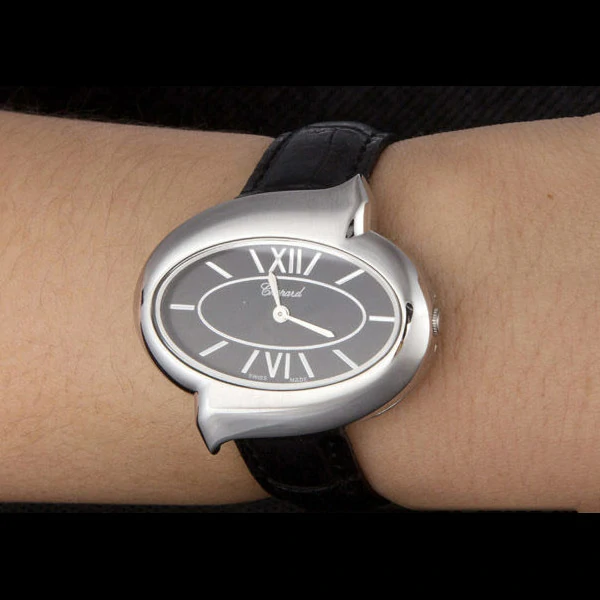 Chopard Luxury Silver Bezel with Black Dial and Black Leather Strap new59639