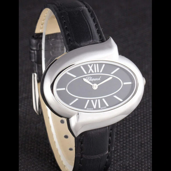 Chopard Luxury Silver Bezel with Black Dial and Black Leather Strap new59639