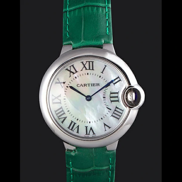 Cartier Ballon Bleu Silver Bezel with Pearl Dial Green Leather Band new59642