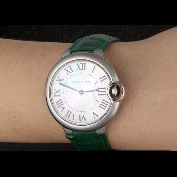Cartier Ballon Bleu Silver Bezel with Pearl Dial Green Leather Band new59642