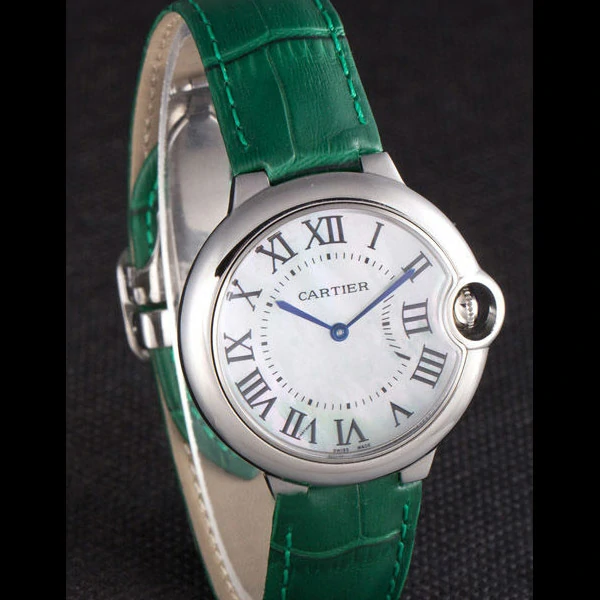 Cartier Ballon Bleu Silver Bezel with Pearl Dial Green Leather Band new59642