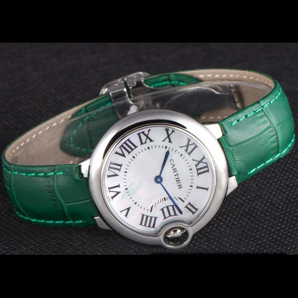 Cartier Ballon Bleu Silver Bezel with Pearl Dial Green Leather Band new59642