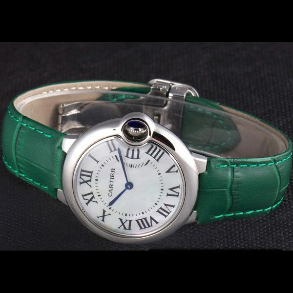 Cartier Ballon Bleu Silver Bezel with Pearl Dial Green Leather Band new59642