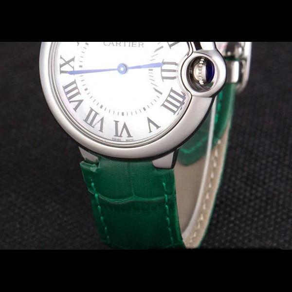 Cartier Ballon Bleu Silver Bezel with Pearl Dial Green Leather Band new59642