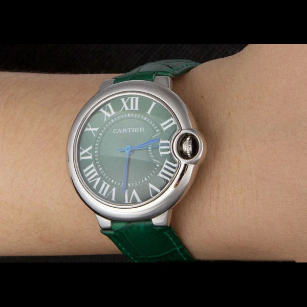 Cartier Ballon Bleu Silver Bezel with Green Dial and Green Leather Band new59643