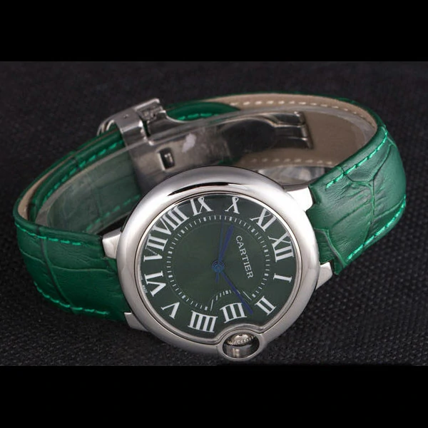 Cartier Ballon Bleu Silver Bezel with Green Dial and Green Leather Band new59643