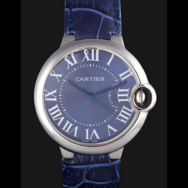 Cartier Ballon Bleu Silver Bezel with Dark Blue Dial and Dark Blue Leather Band new59645