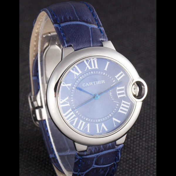 Cartier Ballon Bleu Silver Bezel with Dark Blue Dial and Dark Blue Leather Band new59645