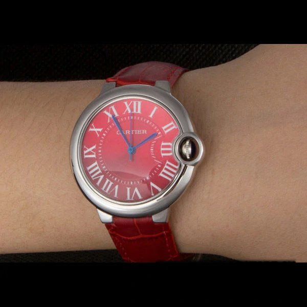 Cartier Ballon Bleu Silver Bezel with Red Dial and Red Leather Band new59646