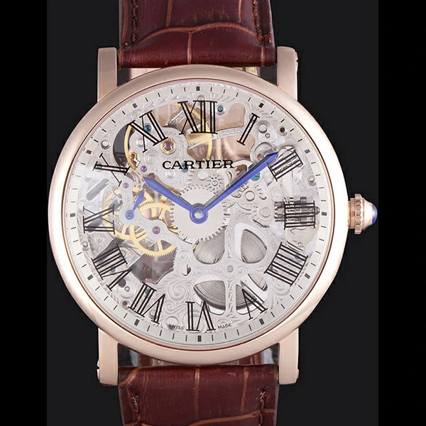 Cartier Luxury Skeleton Watch with Rose Gold Bezel and Brown Leather Band new59647