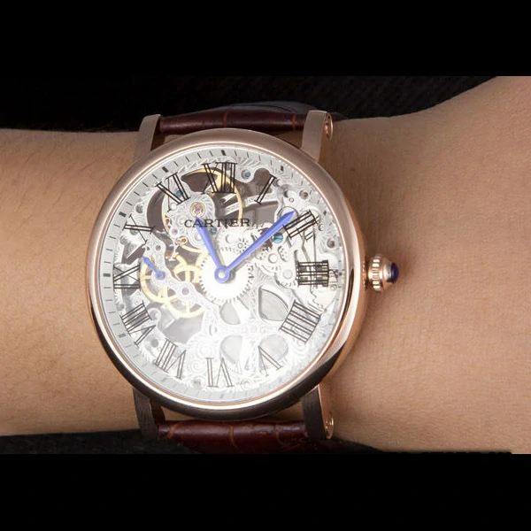 Cartier Luxury Skeleton Watch with Rose Gold Bezel and Brown Leather Band new59647