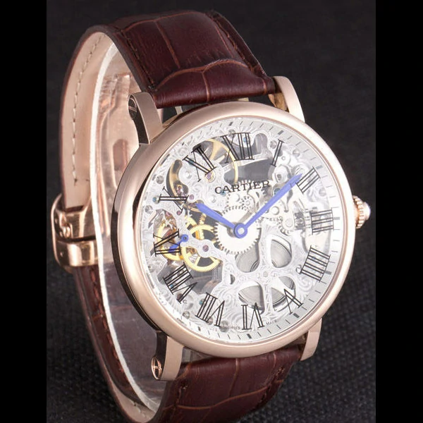 Cartier Luxury Skeleton Watch with Rose Gold Bezel and Brown Leather Band new59647