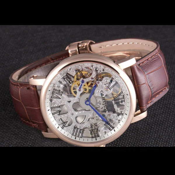 Cartier Luxury Skeleton Watch with Rose Gold Bezel and Brown Leather Band new59647