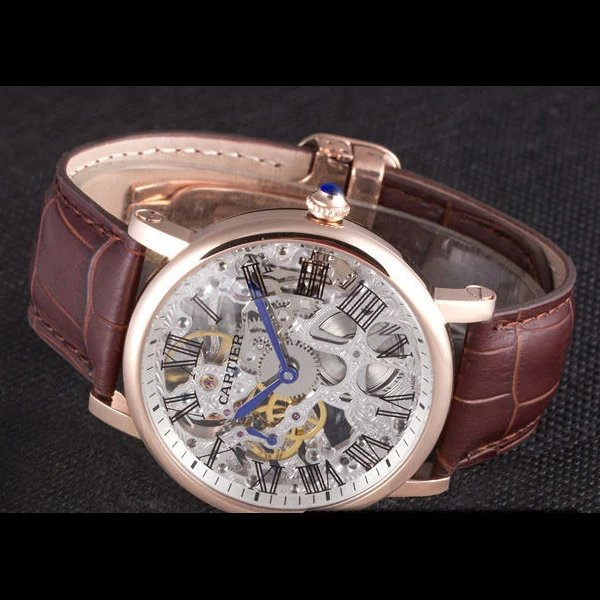 Cartier Luxury Skeleton Watch with Rose Gold Bezel and Brown Leather Band new59647