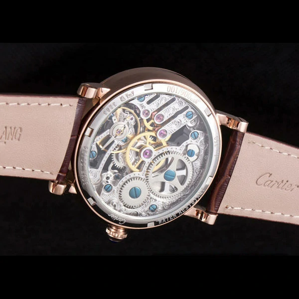 Cartier Luxury Skeleton Watch with Rose Gold Bezel and Brown Leather Band new59647