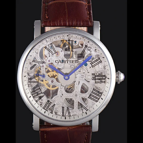 Cartier Luxury Skeleton Watch with Silver Bezel and Brown Leather Band new59648