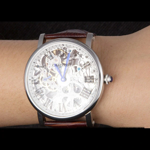 Cartier Luxury Skeleton Watch with Silver Bezel and Brown Leather Band new59648