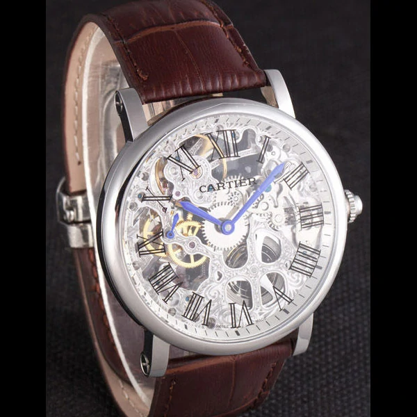 Cartier Luxury Skeleton Watch with Silver Bezel and Brown Leather Band new59648