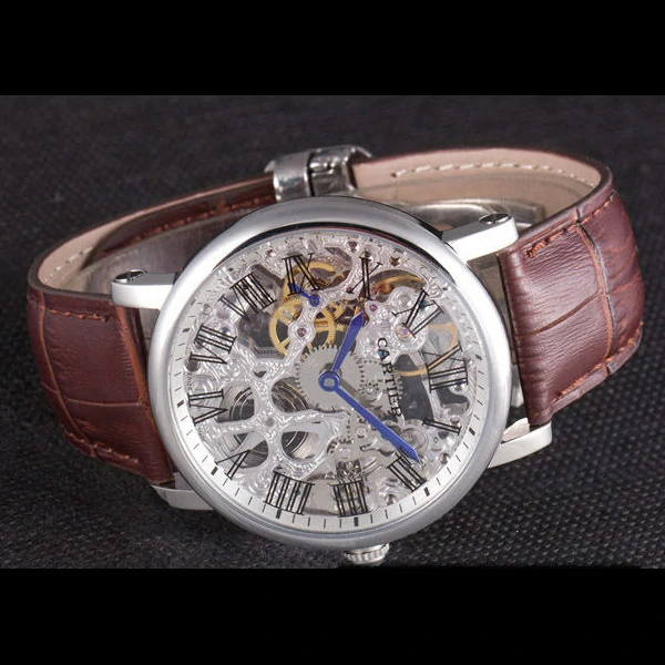 Cartier Luxury Skeleton Watch with Silver Bezel and Brown Leather Band new59648