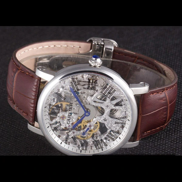 Cartier Luxury Skeleton Watch with Silver Bezel and Brown Leather Band new59648