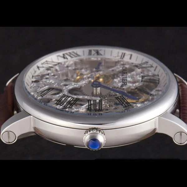 Cartier Luxury Skeleton Watch with Silver Bezel and Brown Leather Band new59648