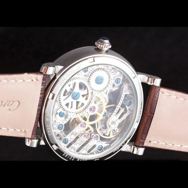 Cartier Luxury Skeleton Watch with Silver Bezel and Brown Leather Band new59648