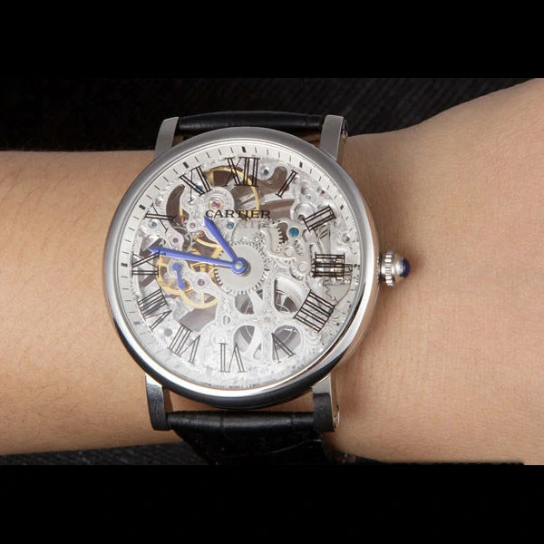 Cartier Luxury Skeleton Watch with Silver Bezel and Black Leather Band new59649