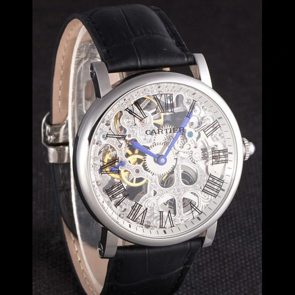 Cartier Luxury Skeleton Watch with Silver Bezel and Black Leather Band new59649