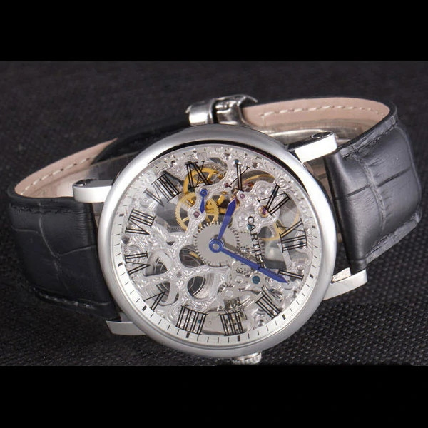 Cartier Luxury Skeleton Watch with Silver Bezel and Black Leather Band new59649