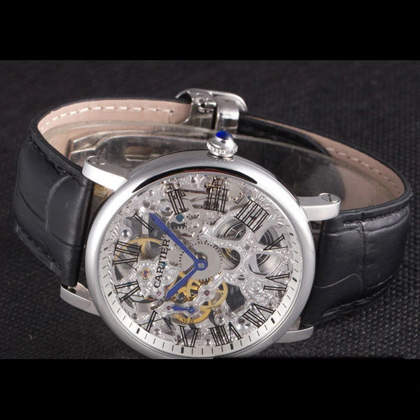 Cartier Luxury Skeleton Watch with Silver Bezel and Black Leather Band new59649