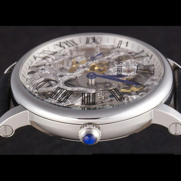 Cartier Luxury Skeleton Watch with Silver Bezel and Black Leather Band new59649