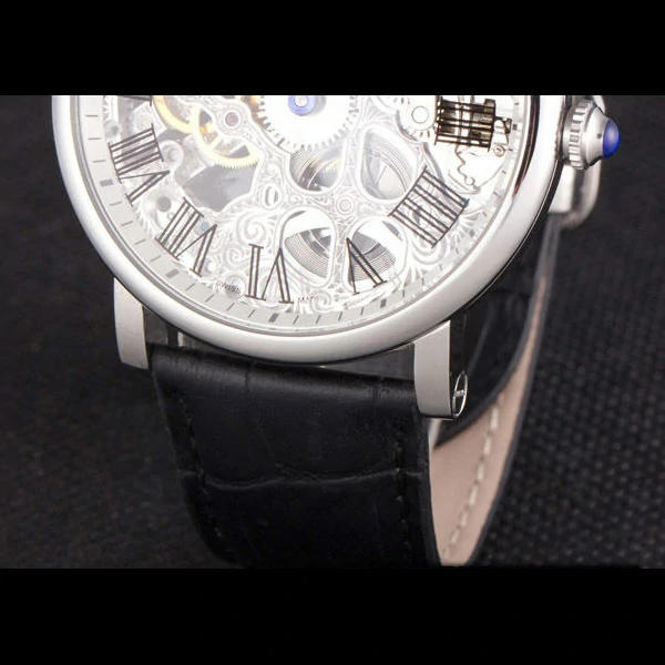 Cartier Luxury Skeleton Watch with Silver Bezel and Black Leather Band new59649