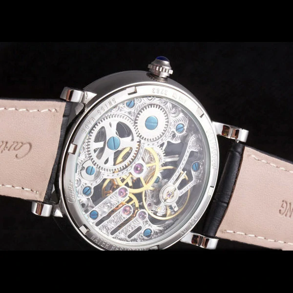 Cartier Luxury Skeleton Watch with Silver Bezel and Black Leather Band new59649